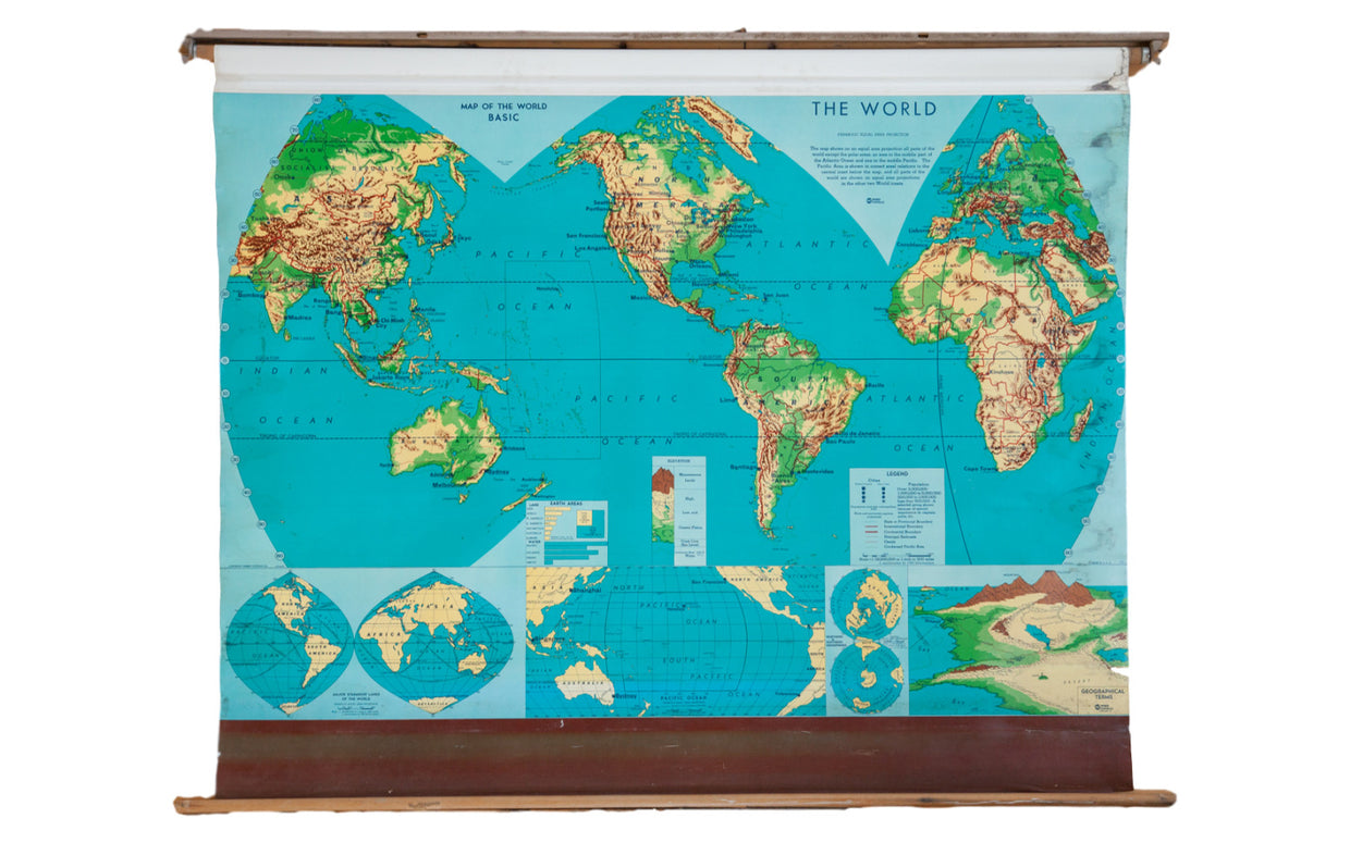 Vintage 60s Costello Pull Down Map Of World // ONH Item 2338