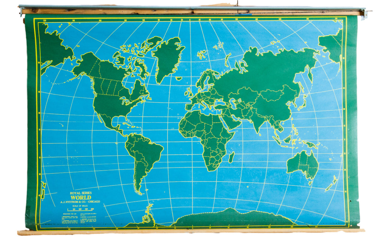 Vintage Chalkboard World & USA Pull Down Map // ONH Item 2239