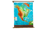 Mid-Century North America pull-down map, vibrant colors, mid-century typography, crinkling, and slight bottom rip.