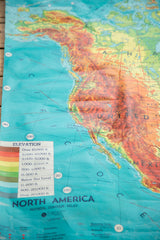 Vibrant mid-century North America map with elevation legend and 'Physical Contour-Relief' title.