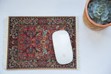 Intricate floral arabesque Persian Rug Mouse Pad in wine red, teal, gold, and black.