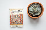Persian Oriental CoasterRug with intricate Soumac design in ruby red, blue, and gold motifs.