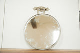 Extra large antique Victorian barber mirror with ornate silver-toned metal and beveled glass.