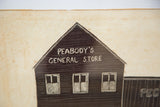 Carved PEABODY'S GENERAL STORE sign on the dark facade of the vintage folk art.