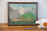 Antique folk art oil painting, highlighting the canvas texture and detailed dark wood frame.