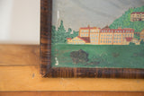 Lower left corner of the antique landscape painting, highlighting the signature and frame's patina.