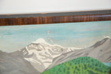 Top edge of the antique painting showing the dark wood frame and aged canvas surface.
