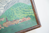 Angled detail of the antique painting's canvas texture and the dark, aged wood frame corner.