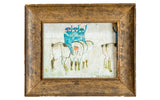 Miniature folk art painting of blue figures on white animals, within a thick distressed gold frame.
