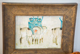 Miniature Folk Art Painting with blue figures, textured surface, in thick gold frame.