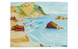 Mid Century Seascape Painting with vibrant blues, earthy cliffs, signed Ian McNitt, 16x20.