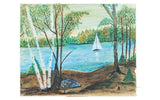Vintage Folk Art Painting: Birch trees frame a blue lake with a sailboat and green forest.
