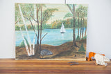 Vintage folk art painting detail of sailboat on blue lake, signed A.C.D.