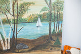 Mid century folk art painting: sailboat on blue lake surrounded by birch trees.