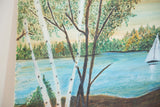 Whimsical folk art painting of white birch trees, blue lake, and a small sailboat.