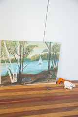 The artist's signature A.C.D. on the lower right of the vintage folk art painting.