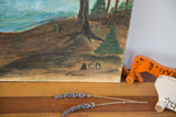 Canvas texture and A.C.D. signature on vintage folk art painting.