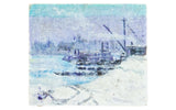 Lilac and blue miniature painting on wood depicting a snowy shipyard scene.