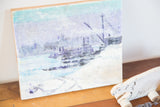 Shipyard structures under lilac sky and blue water, detail of vintage painting.