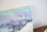 Textured lilac sky and baby blue water on the ship painting with raw wood edge.