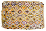 Vintage Kilim area rug, geometric yellow, orange, brown, and lavender diamond pattern, 4'11