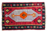 Vintage Kilim rug with lavender central field, cranberry red ground, and geometric patterns.