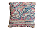 Vintage Kerman rug pillow, 1890s hand-knotted fragment reverse, faded red, blue, and cream.