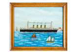 Collector Milton Bond reverse glass painting depicting Titanic on vivid blue sea, wood frame.