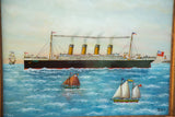 Folk art reverse glass painting of the Titanic by Milton Bond, signed 1990.