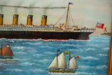 Milton Bond's Titanic reverse painting of stern, Union Jack, lighthouse, and Piolet sailboat.
