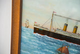 Milton Bond Titanic reverse painting: dark ship hull, frothy blue water, wood frame.