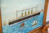 Milton Bond Titanic painting, bow with 'TITANIC' text, two sailboats, and choppy blue sea.