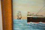 Milton Bond Titanic reverse glass painting, bow, distant sailboat, and wood frame.
