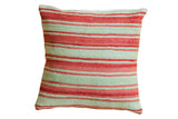 Striped Kilim pillow with faded red and green horizontal bands, 24x24 inches.