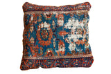 Antique Lilihan rug fragment floor pillow with worn dark blue, orange-red, green, 28x28.
