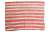 Vintage Moroccan Kilim rug with coral red and mint green horizontal stripes and fringe.