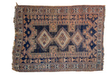 Antique Distressed Afshar rug, geometric medallions in navy, faded tangerine, and ivory, 3'9