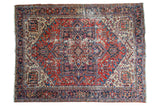 Hand-knotted Vintage Distressed Heriz rug with rectilinear medallion design in navy, burgundy, and ivory, 8'11