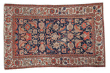 Distressed antique Persian Malayer rug, navy field, vibrant Herati-Mahi pattern, floral borders.