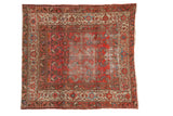 Distressed Antique Malayer square rug, cranberry rose field, Herati motif with blue, ivory, 5'1