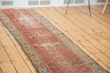 Distressed brick red herati motif and meandering border on the antique Hamadan runner.