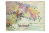 Detail of vintage 1930s folk art painting featuring colorful flowers in a white vase.