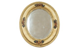 Vintage 1940s gold painted oval mirror, 12x14 inches, with floral motif and antique finish.