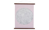Antique Moon Chart pull-down print on a pink canvas with walnut wood hanging rods.