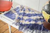Hand woven vintage African cotton throw, ivory and blue tie-dye with tassels.