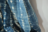 Intricate ivory geometric patterns on a folded vintage African indigo textile.
