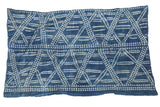 Vintage African indigo throw, hand woven denim blue and ivory geometric pattern.