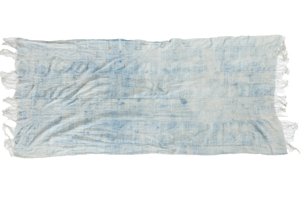 Vintage African hand-woven cotton throw, variegated powder blue indigo dye, tassels, 3x6.5.