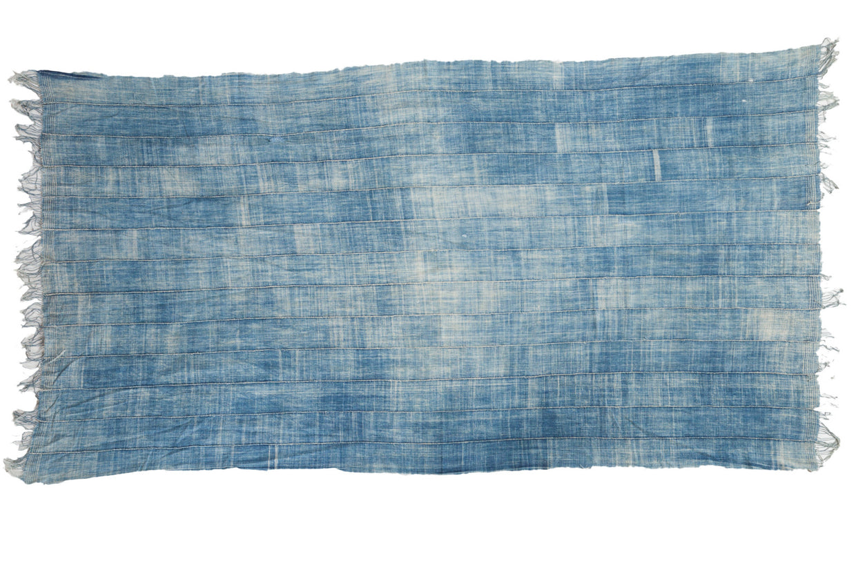 Collectible hand woven vintage African indigo textile throw, variegated blue tones with tassels, 3'6