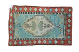 Antique Turkish Oushak rug mat, Caribbean blue geometric medallion, terracotta border, 2' x 3'2